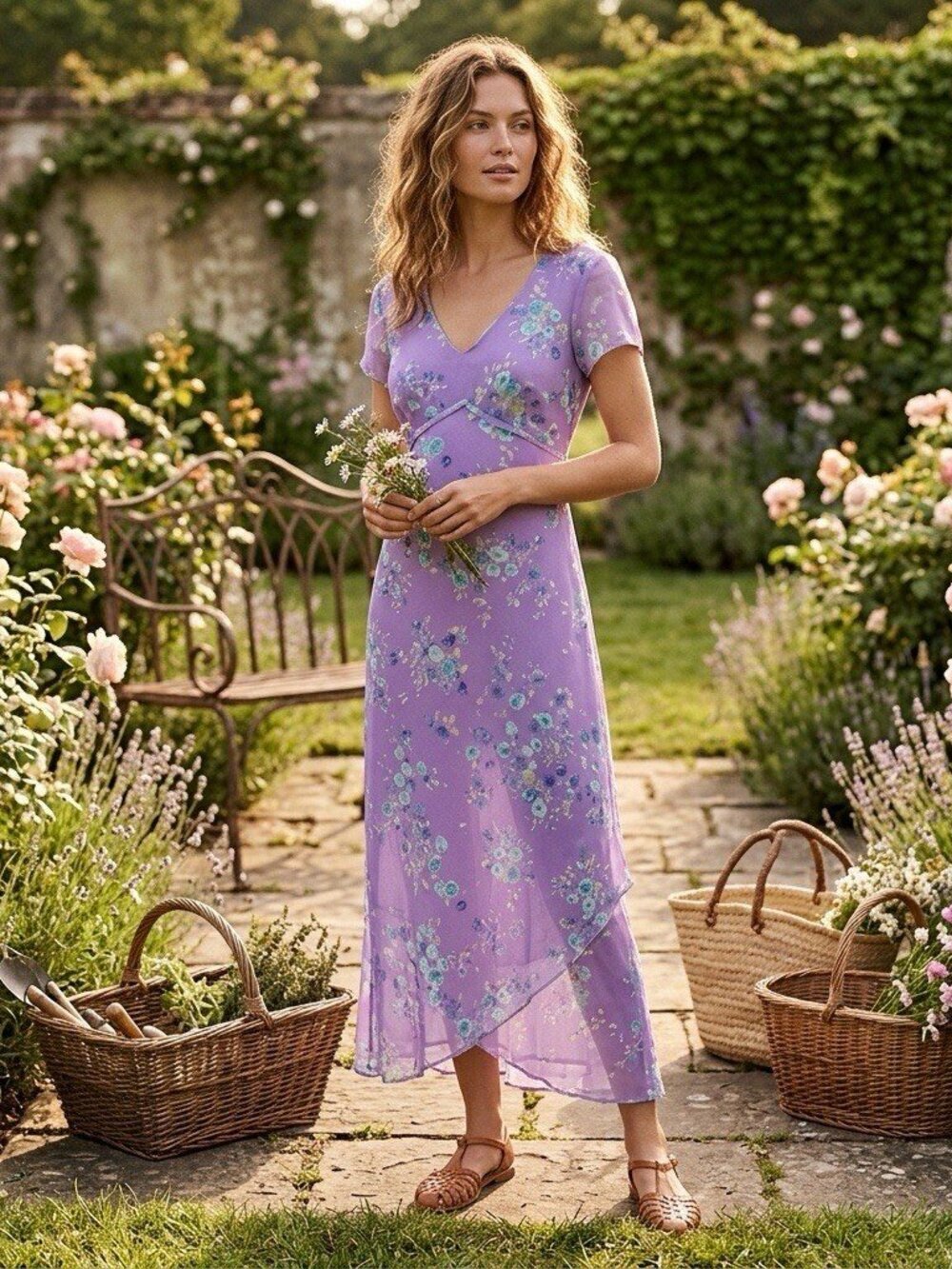 VTG Asymmetric Sz 6 Babydoll Double Print Purple Floral Cottagecore Maxi Dress